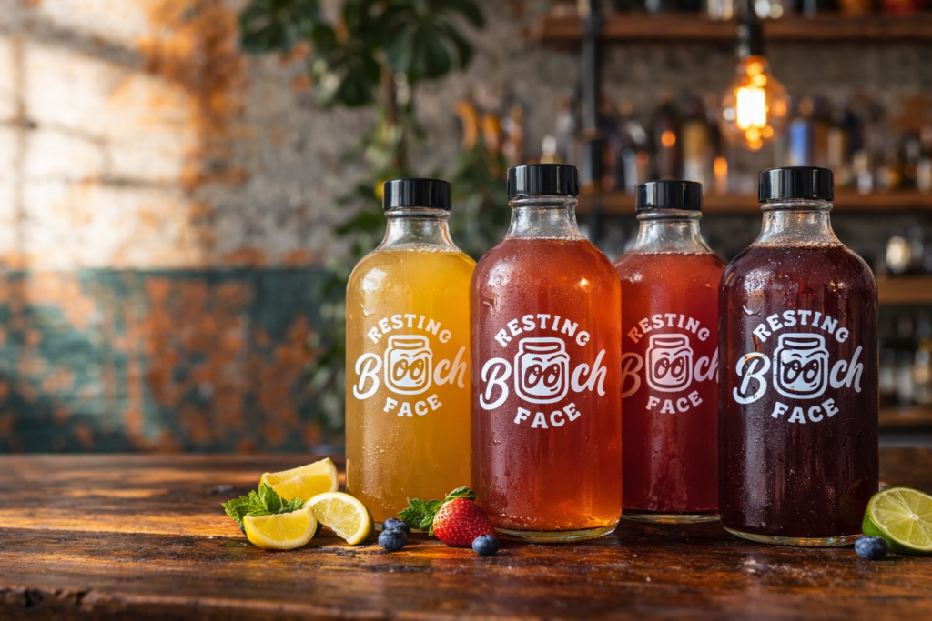 colourful kombucha bottles on rustic counter
